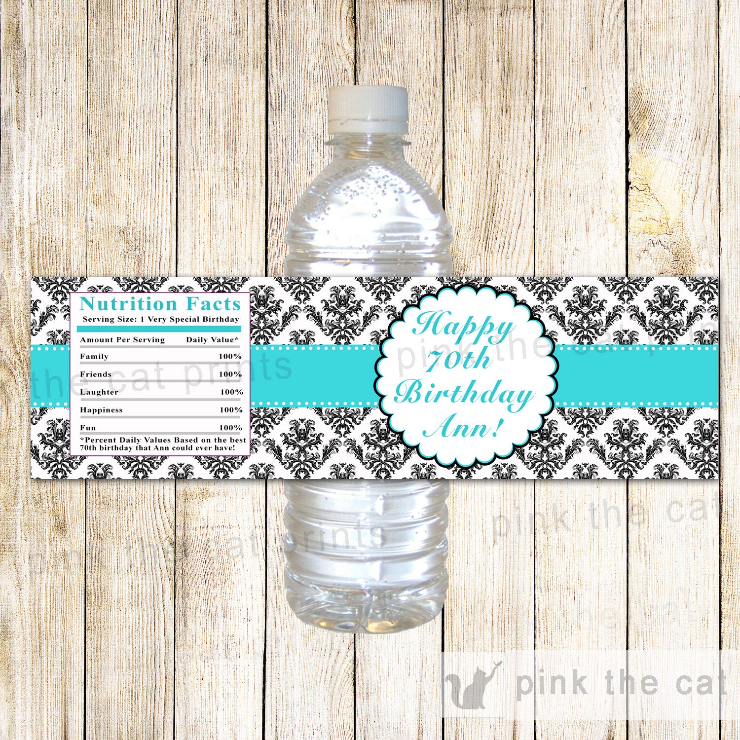 Turquoise Black Damask Adult Birthday Party Bottle Label 70th Birthday Or Any Age Printable File Personalized Unisex Water Bottle Wrapper - Damask water bottle label
