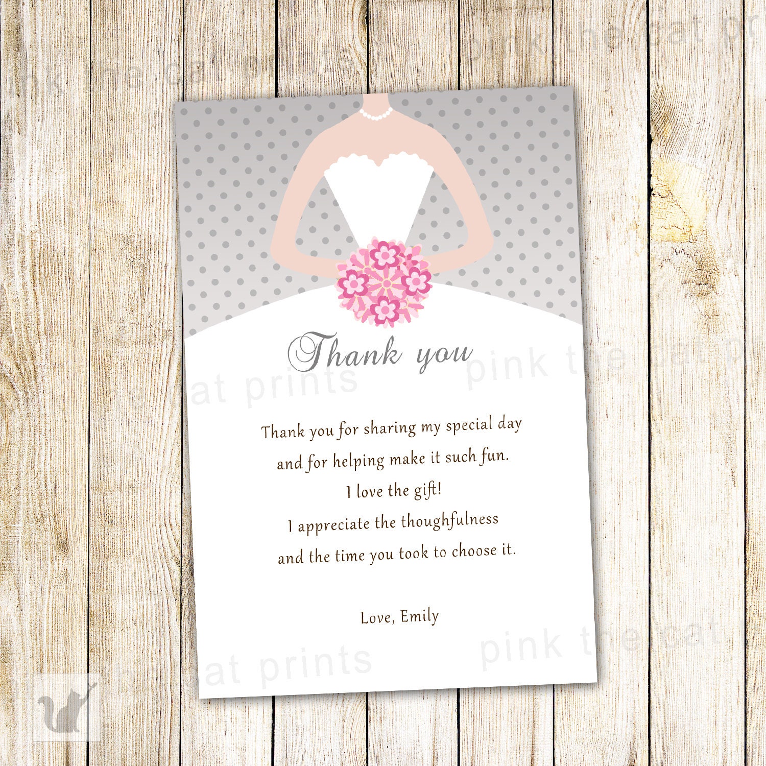 Silver Pink Bridal Shower Thank You Cards - Bouquet Bride Dress Polka