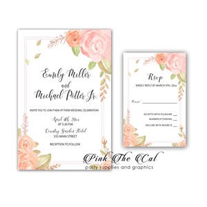 100 PRINTED CARDS-Blush Pink Floral Wedding Invitations personalisiert mit Envelopes inklusive und Response RSVP Karten