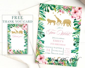 Jungle Invitation, Safari Invitation, Girl 2nd Birthday Invitation, Wild Jungle Baby Shower Invitation Gold Pink Floral Instant Download