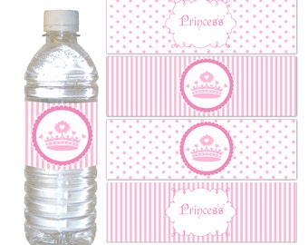 Princess Bottle Labels Party Favor Wrappers Princess Birthday Party Baby Girl Shower Printable File Pink Polka Dots Stripes