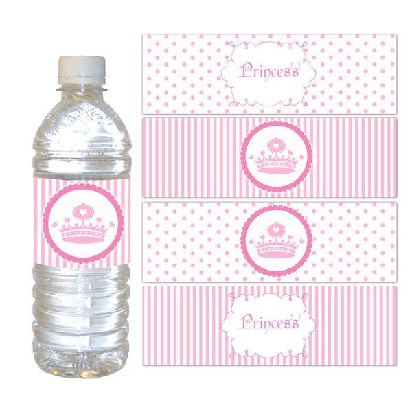 Princess Bottle Labels Party Favor Wrappers Princess Birthday Party Baby Girl Shower Printable File Pink Polka Dots Stripes