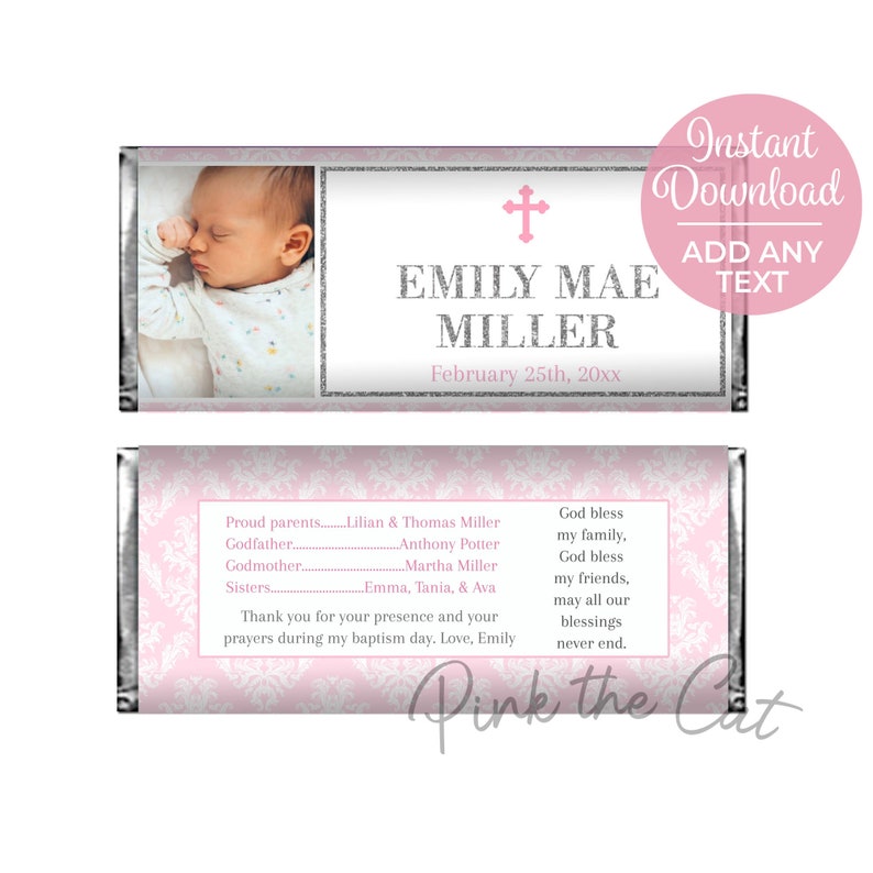 Girl Baptism Candy Bar Label Template With Photo Pink and - Etsy