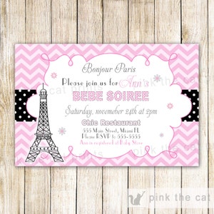 Paris Invitation Card - Baby Girl Shower Kids Birthday Tower Eiffel Tower Pink Chevron Personalized Invites Girl Party Ideas