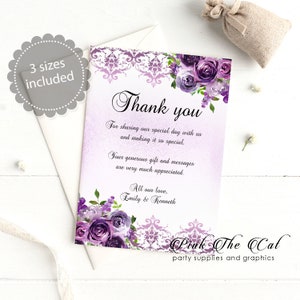 Paarse bloemen bruiloft bedankkaarten aquarel bloemen, afdrukbare bruiloft bedankkaarten, bloemen kaartsjabloon bewerkbare INSTANT DOWNLOAD