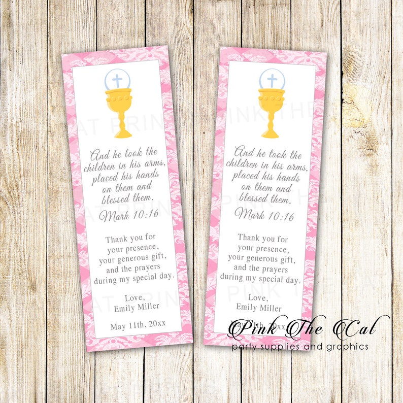 First Communion Bookmark Template Printable Communion Bookmarks Girl First Communion Favors Chalice Bookmarks for Girl 1st Communion Pink