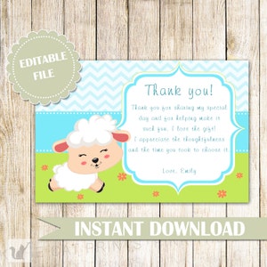 Piccolo agnello grazie carta Nota - Baby Doccia Baby Sprinkle bambini compleanno ragazza ragazzo Unisex pecore stampabile File editabile DOWNLOAD immediato