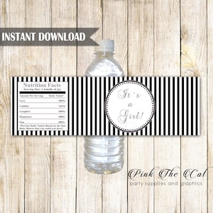 Printable Black White Stripes Lines Baby Shower Water Bottle Labels Wrappers - Its a Girl Baby Shower Favors Party Favors INSTANT DOWNLOAD