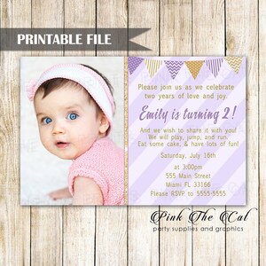 Purple Gold Invitation, Lavender Gold Birthday Invitation, Stripes Invitation Girl Birthday With Photo, Printable Party Invitations For Girl