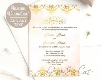 Damask Gold  Walima Reception Invitationor Nikah, Watercolor Design, Editable File Instant Download