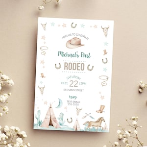 Printable first rodeo invitation for boy cowboy birthday party, wild west watercolor design editable template