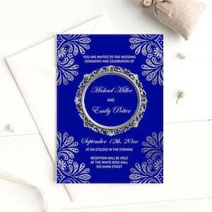 Royal blue silver wedding invitation, mandala silver blue invitation, ethnic wedding ideas, floral wedding invitation template