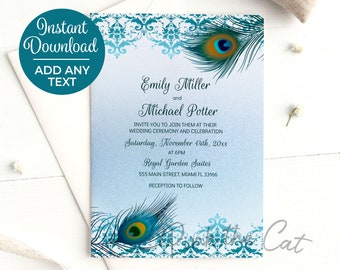 May include: A blue and teal wedding invitation with a peacock feather design. The invitation reads "Emily Miller and Michael Potter" and includes the date and time of the wedding ceremony and reception.