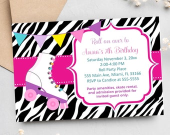 Roller Skating Invitation - Girl Birthday Party Zebra Invite Card Printable Editable File DIY You Print Rollerskating Skate INSTANT DOWNLOAD