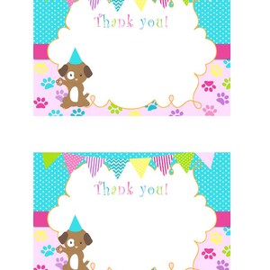 May include: Two thank you cards with a light blue and white polka dot background. The cards feature a pink and white paw print pattern, colorful bunting, and a cartoon brown puppy wearing a blue party hat. The text "Thank you!" is written in gold lettering.