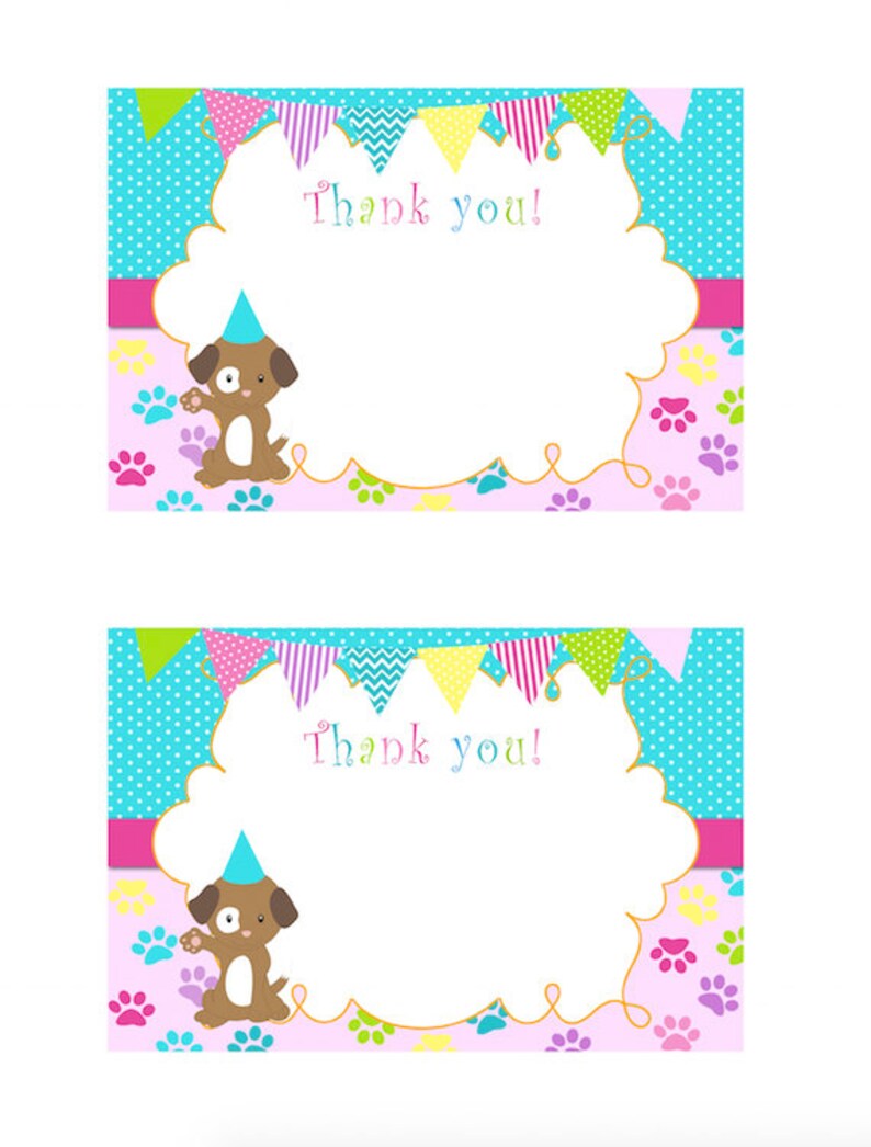 May include: Two thank you cards with a light blue and white polka dot background. The cards feature a pink and white paw print pattern, colorful bunting, and a cartoon brown puppy wearing a blue party hat. The text "Thank you!" is written in gold lettering.