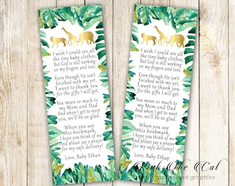 30 Printed Bookmarks Baby Boy Shower Jungle Safari, Safari Bookmark Baby Shower Favors For Boys, Safari Animals Gold Green Bookmark Favors
