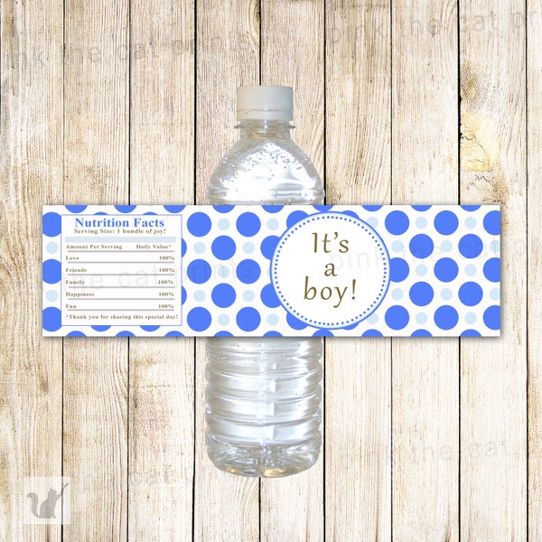 Baby Shower Water Bottle Label - Its A Boy Blue Polka Dots Baby Boy Shower Favors Party Favors INSTANT DOWNLOAD