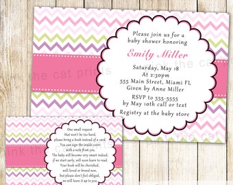 Chevron Baby Shower Invitation & Bring a Book Card - Pink Purple Green Invitation - Baby Girl Shower Invitation - Printable Baby Sprinkle