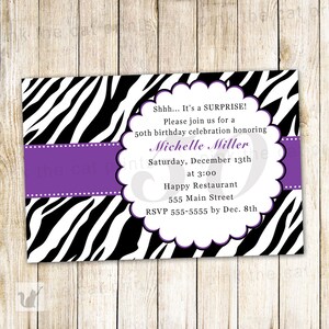 Zebra Birthday Invitation Black Purple - Adult Surprise Party Invite 21st 60th 70th 80th Printable Personalized