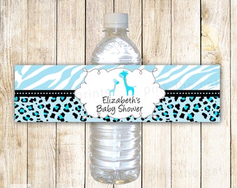 Giraffe Bottle Label - Blue Turquoise Baby Boy Shower Party Favor Wrapper Printable Personalized