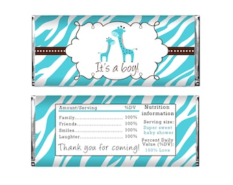 Giraffe baby shower chocolate labels, giraffe baby shower favors, teal brown baby giraffe candy bar wrappers INSTANT DOWNLOAD