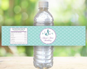 Editable Mermaid Water Bottle Label, Mermaid Birthday, Under The Sea Party, Mermaid Party Water Bottle Wrap Purple Teal, Download now