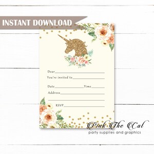 Printable Unicorn Invitation,  Glitter Unicorn Invitation Download, Unicorn Birthday Invitation, Unicorn Fill In Invitation Instant Download