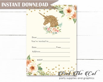 Printable Unicorn Invitation,  Glitter Unicorn Invitation Download, Unicorn Birthday Invitation, Unicorn Fill In Invitation Instant Download