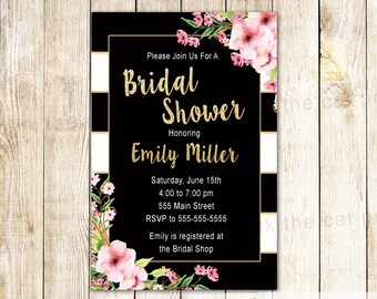 Bridal Shower Invitation Black White Invitation Glitter Gold Invitation Floral Glitter Invitation Printable Invitation Glitter Pink Invite