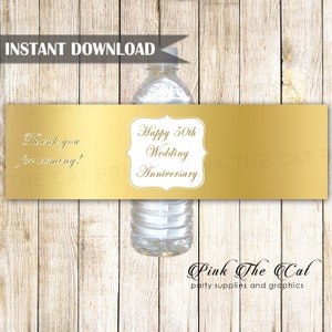 50th Wedding Anniversary Water Bottle Label, Golden Anniversary Bottle Stickers, Printable Bottle Label Template INSTANT DOWNLOAD INSTANT DOWNLOAD