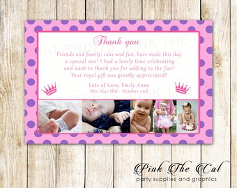 Pricess birthday thank you card, girl 1st birthday thank you note with picture,  pink purple princess first birhday thank you photo card