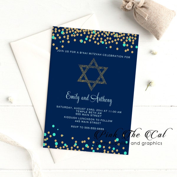 Bat mitzvah invitations, bar mitzvah invitations, bnai mitzvah invitations, navy blue gold bat mitzvah invitations personalized