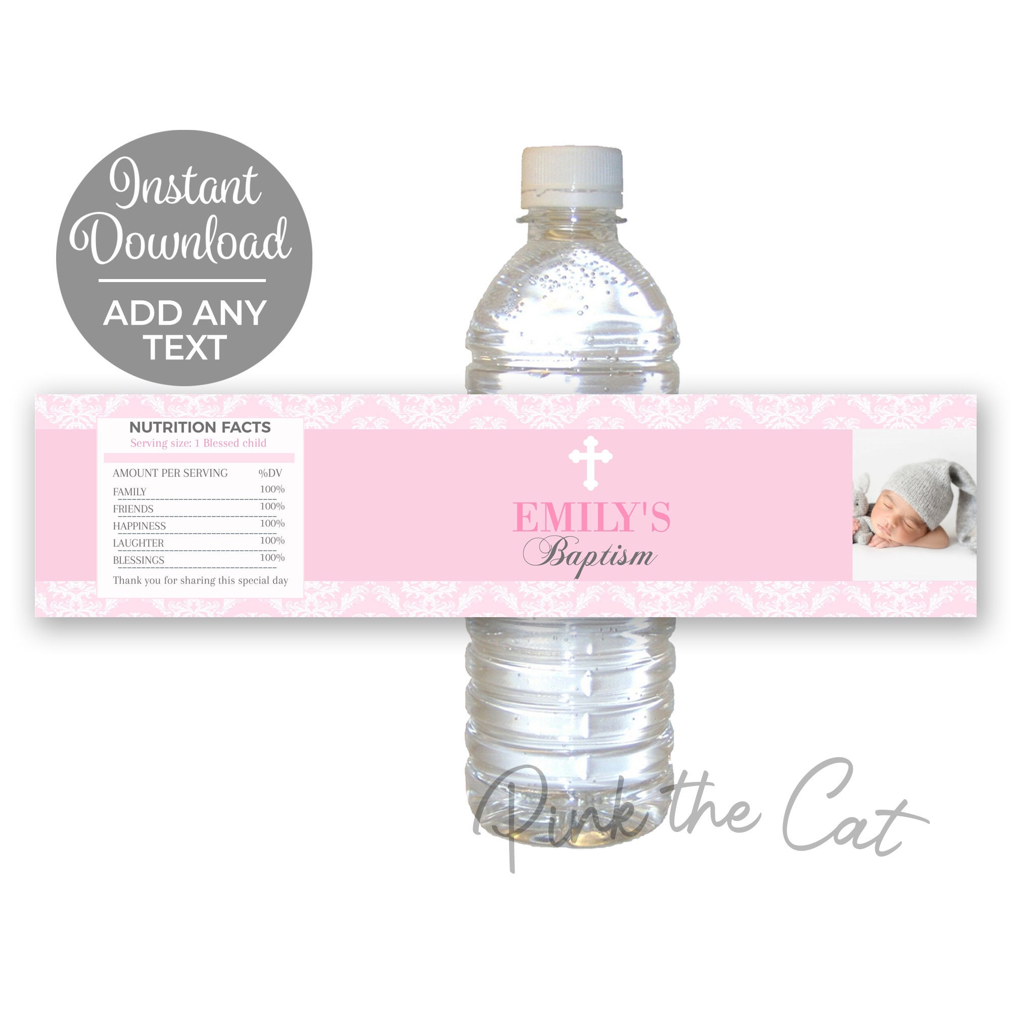 Girl baptism bottle label template with photo pink and white Etsy