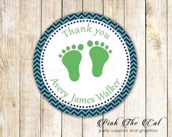 Footprints Gift Favor Labels, Baby Feet Thank You Labels, Printable Baby Shower Favors, Green Navy Blue Baby Shower Tags For Boys Custom