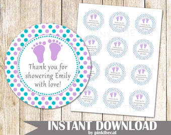 ON SALE Footprint Baby Shower Favor Label - Printable Baby Shower Favor Tag Purple Teal Baby Shower Sticker Editable File Instant Download