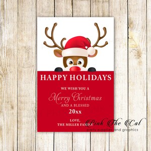 Printable Christmas Greeting Card, Reindeer Greeting Card, Holiday Card Template Personalized, Cute Christmas Greeting Cards Adult Kids Red