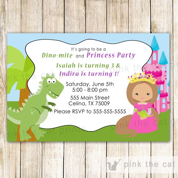 25 PRINTED CARDS Dinosaur Princess Invitation, Kids Birthday Party,  Printable File, Personalized Invitation Siblings Birthday Twins Birthday -  Etsy