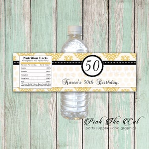 50th birthday water bottle labels, 50th birthday labels, birthday party favors for adults, adult birthday water bottle labels, gold black
