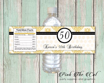 50th birthday water bottle labels, 50th birthday labels, birthday party favors for adults, adult birthday water bottle labels, gold black