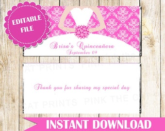 Hot Pink Quinceañera Candy Bar Wrappers Fucshia Sweet 16 Candy Bar Label Hot Pink Bridal Shower Candy Bar Label Printable INSTANT DOWNLOAD