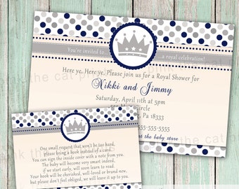 Prince Baby Shower Invitation - Bring a Book Card Silver Navy Blue Crown Polka Dots also Birthday Invite Printable Personalized Party Item
