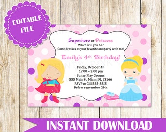 May include: Editable printable invitation for a superhero or princess themed 4th birthday party. The invitation features a pink background with white polka dots and purple accents. It includes a cartoon image of a girl dressed as a superhero and a girl dressed as a princess. The text reads "Superhero or Princess? Which will you be? Come dressed as your favourite and party with me! Emily's 4th Birthday!"