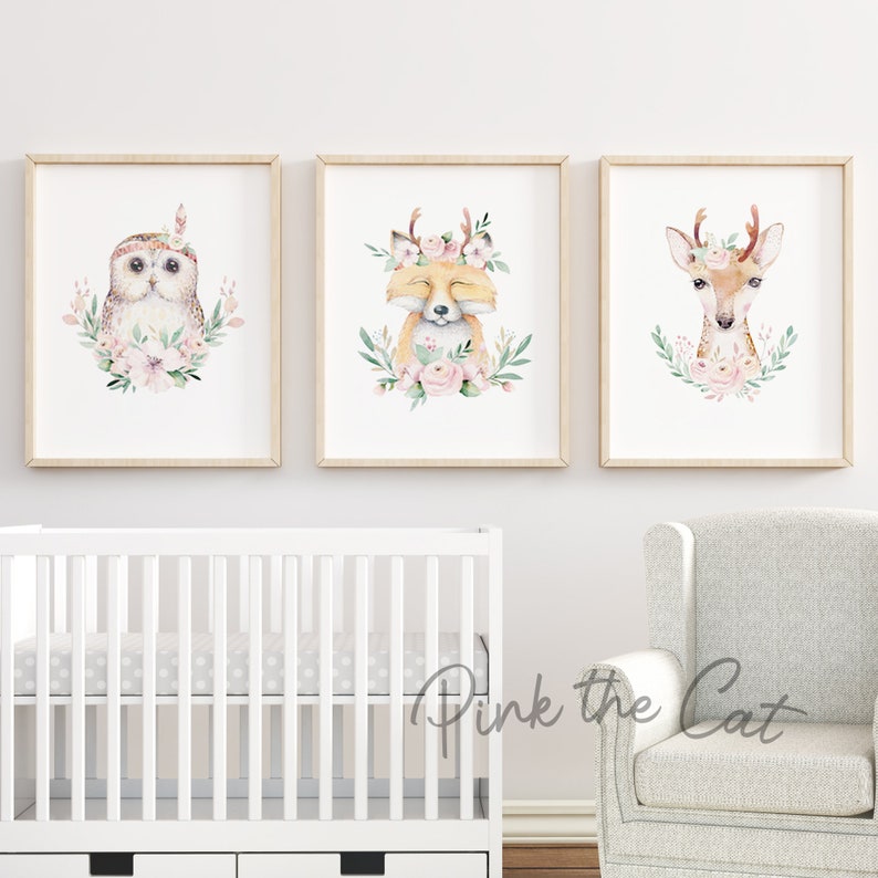 Forest Animals Nursery Wall Art Print Decor Girl Watercolor - Etsy