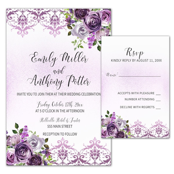 Purple Plum Lavender Wedding Invitation - Purple Flowers Wedding Invitation Card Floral Wedding Romantic Wedding Invitation Template w RSVP