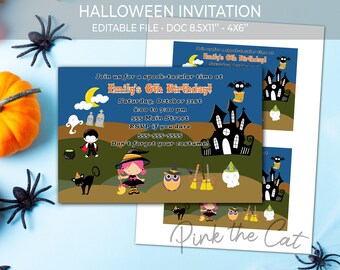Halloween party invitation template witch cat ghost for kids, halloween printable invitation, virtual halloween invite instant download