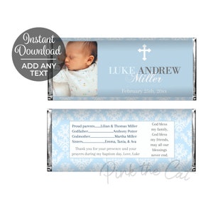 Boy Baptism Candy Bar Label Template With Photo Blue and Silver, for ...