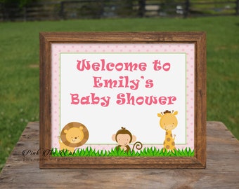 Jungle Baby Shower Welcome Sign, Pink Safari Birthday Decorations, Pink Safari Animals Welcome Sign Template Editable File INSTANT DOWNLOAD