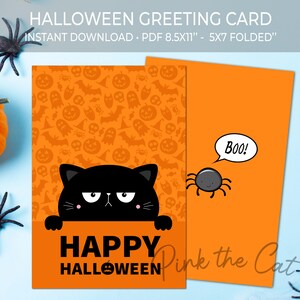Modelo de cartão de felicitações de Halloween gato preto para crianças e adultos, cartão para impressão de feliz dia das bruxas, download instantâneo
