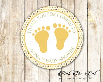 Sage Green Yellow Baby Shower Gift Favor Labels, Green Yellow Footprints Thank You Stickers For Favors, Printable Baby Shower Favor Label